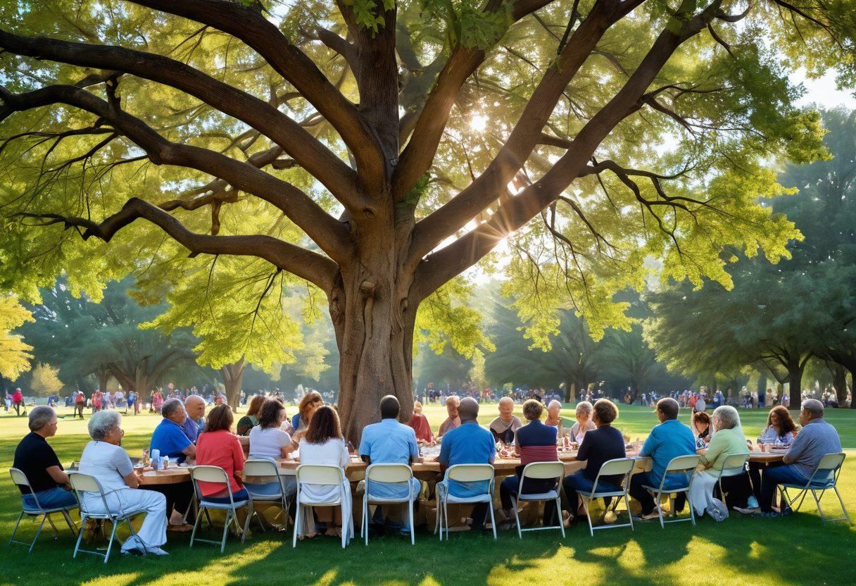 A serene community gathering in a well-lit park, featuring diverse individuals sharing stories, support, and information about cancer treatment. Include symbolic elements like a large tree representing strength and healing, colorful butterfly motifs for transformation, and a table with brochures about wellness. Soft sunlight filtering through leaves, creating a hopeful atmosphere. super-realistic. vibrant colors. peaceful background.