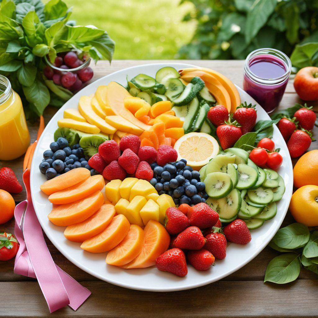 A vibrant and colorful plate filled with an array of fresh fruits and vegetables, alongside supplements, emphasizing a balanced diet for cancer prevention. In the background, a serene garden symbolizes wellness and healing, with soft sunlight filtering through leaves. Include health-related symbols like awareness ribbons subtly integrated into the scene. Illustrative style with a focus on brightness and positivity. vibrant colors. painting.