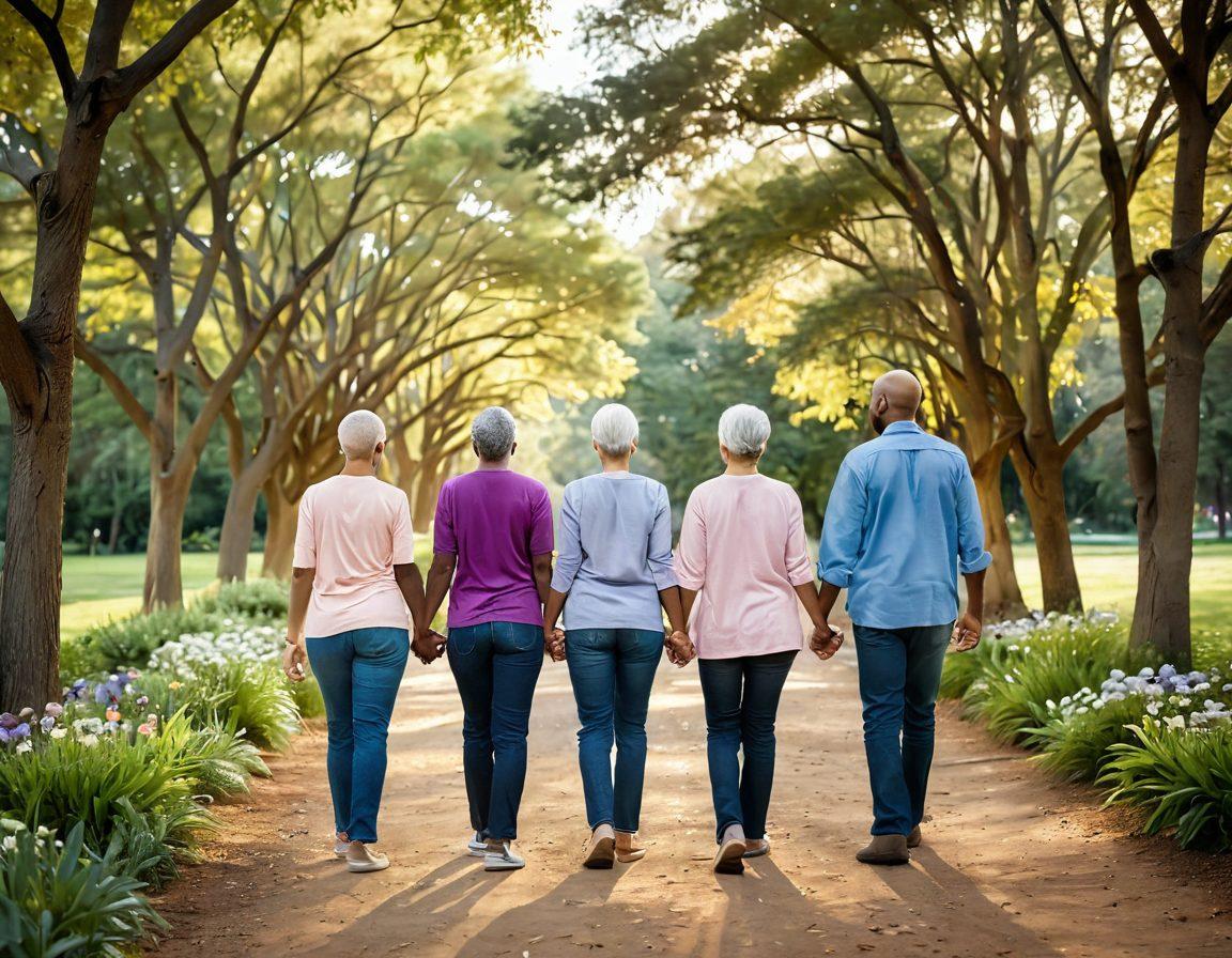 A serene landscape representing a diverse group of cancer survivors holding hands, symbolizing support and advocacy. In the background, a pathway winding through trees, with subtle hints of healing colors and soft light illuminating the scene. Emphasize a sense of hope and strength in their expressions. super-realistic. vibrant colors. warm and inviting atmosphere.